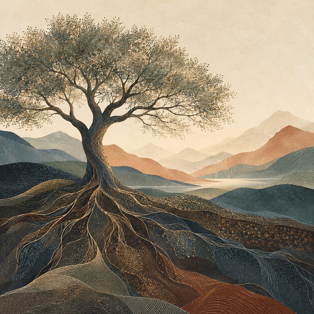 A tree with spreading roots and branches above layered hills and a lake