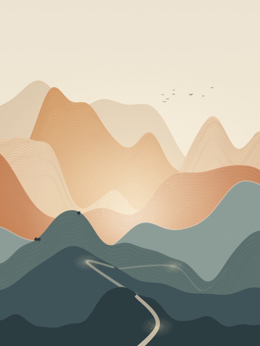 A faint path wandering through layered ochre, terracotta and teal hills, with small lights glowing along the way