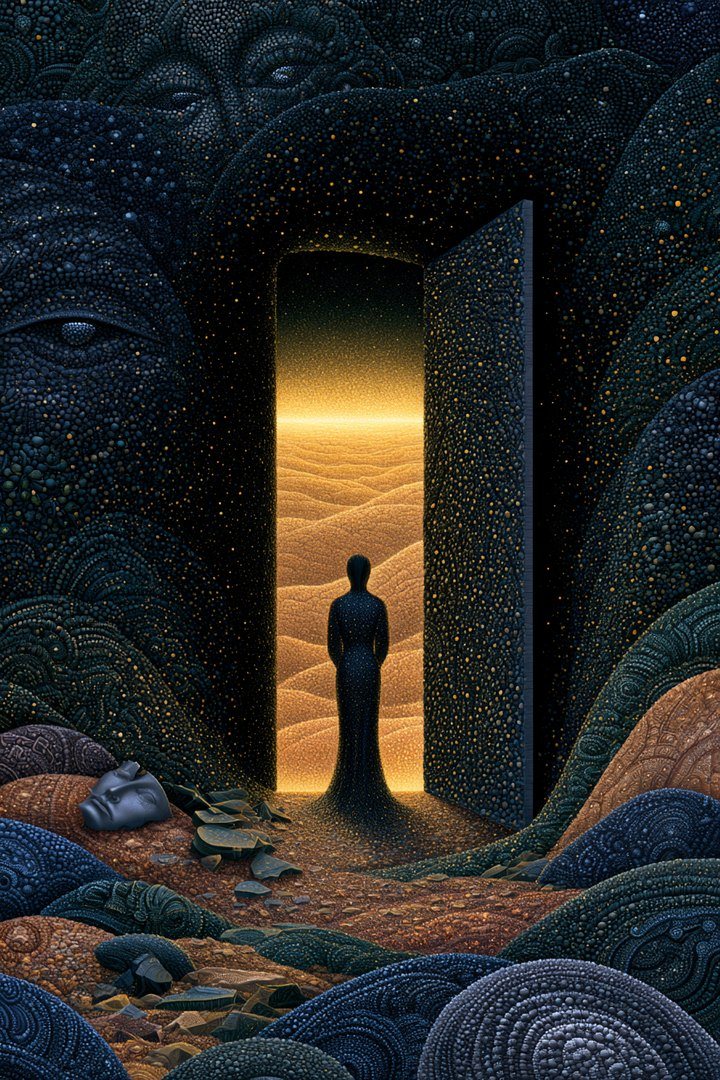 A figure standing in an open doorway, looking out at a glowing desert landscape